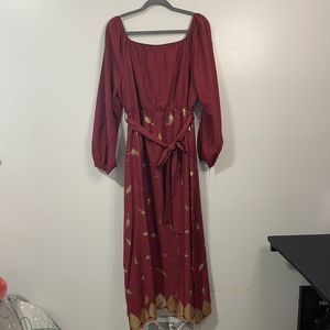 SHEIN 2XL Womens Plus Red Fit and Flare Golden Feathers Dress